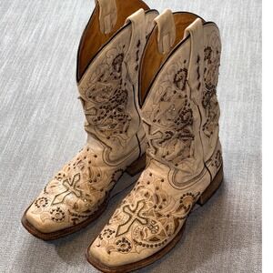 Corral Womens Square Toe Embroidered Cross Studded Leather Cowboy Boots Size 8.5